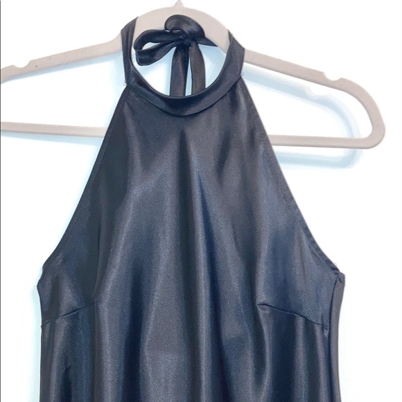 NEW BEBE Black Satin Halter Lettuce Hem Midi Dress Small - Picture 3 of 6